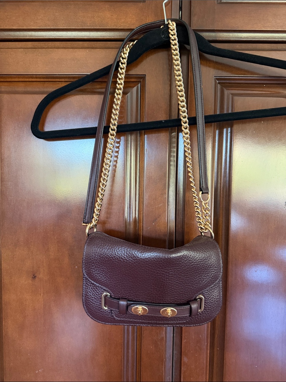 CoachPebbled Leather Shoulder/Cross Body Bag. Gold Chain in Dark Grape/Burgundy